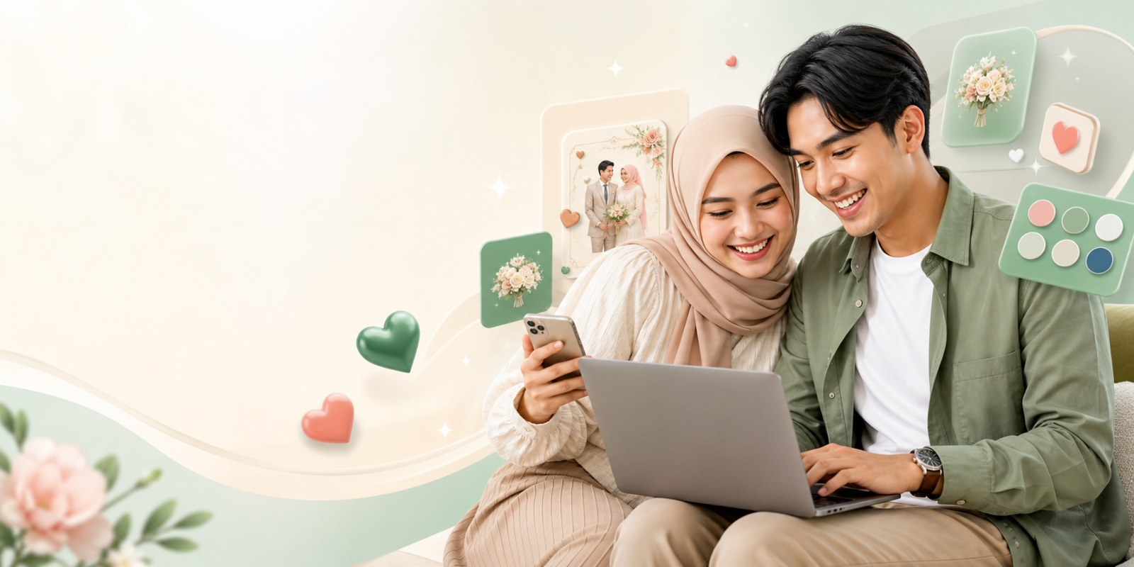 Pasangan muda Indonesia menyusun undangan digital bersama melalui laptop dan ponsel