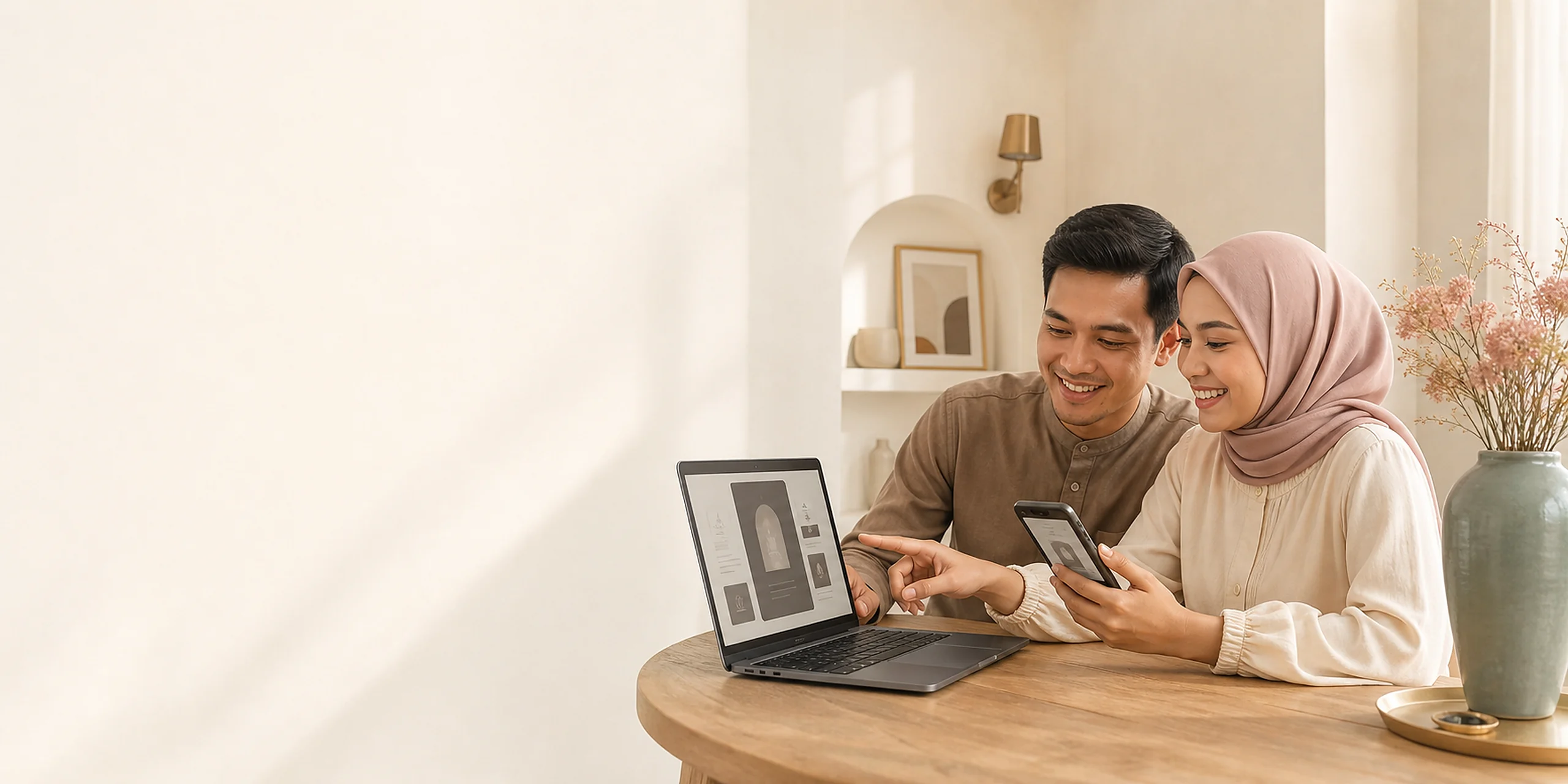 Pasangan Indonesia memilih desain undangan digital bersama melalui laptop