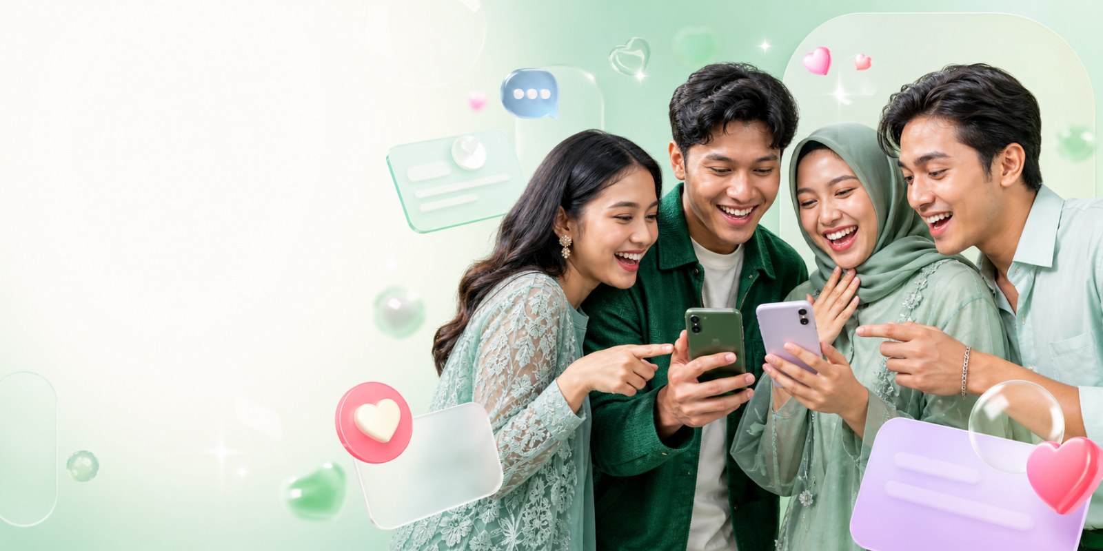 Empat sahabat muda Indonesia melihat undangan digital melalui ponsel