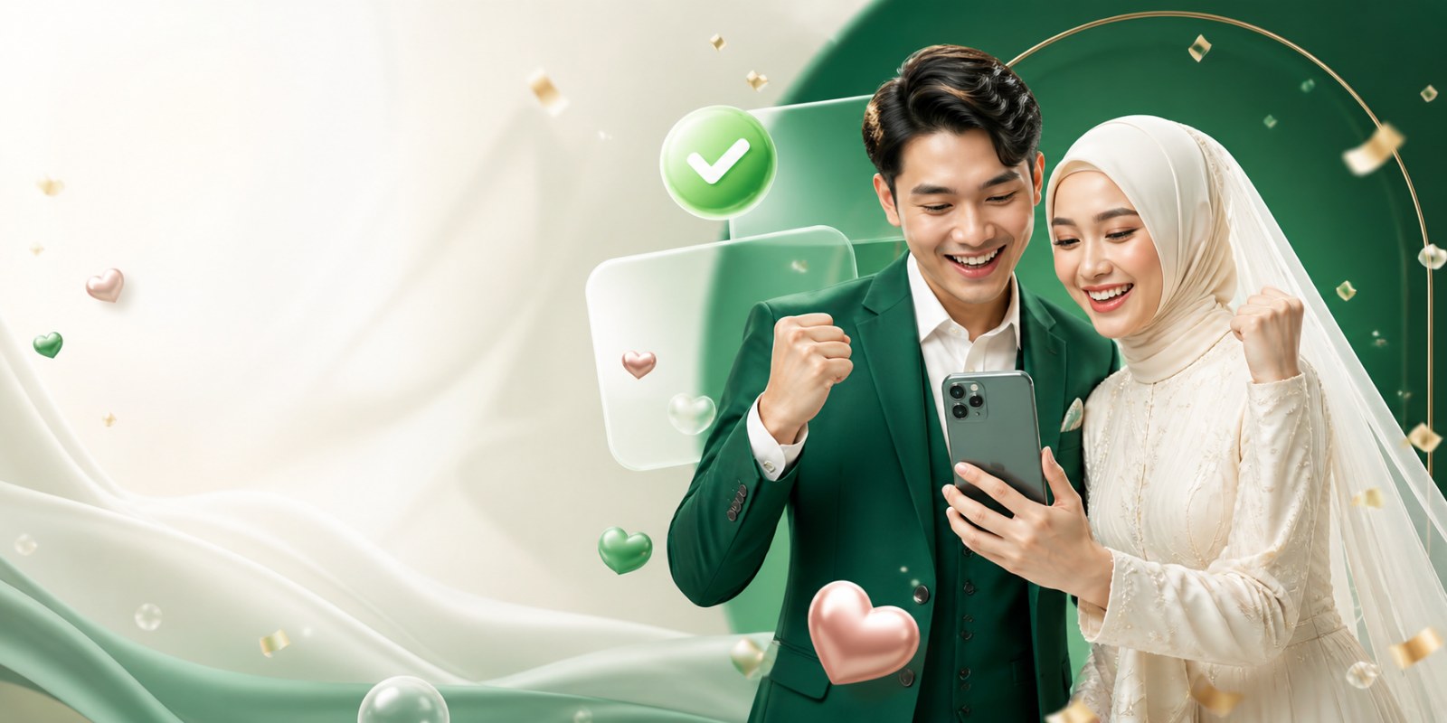 Pengantin muda Indonesia merayakan undangan digital yang siap dibagikan