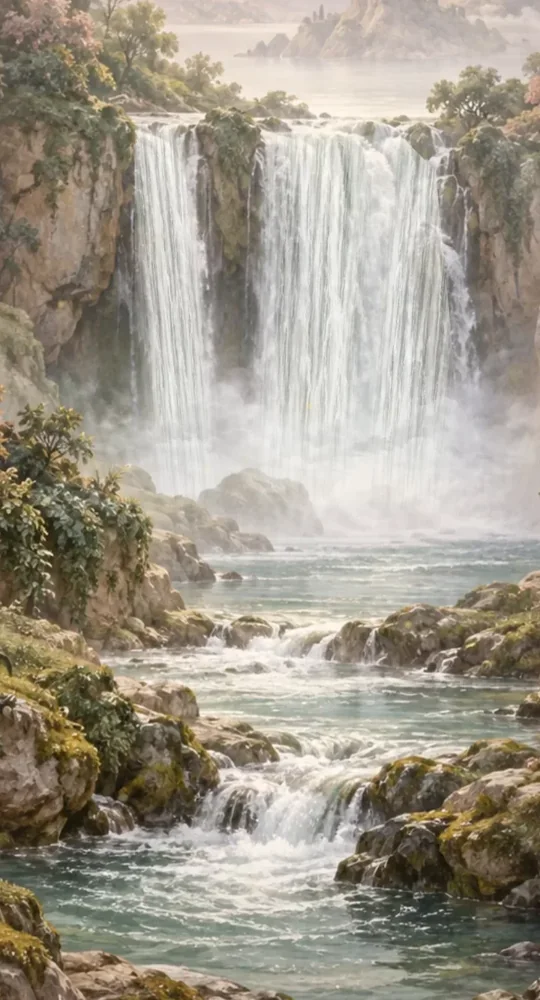 Taman bunga dengan air terjun dan tebing